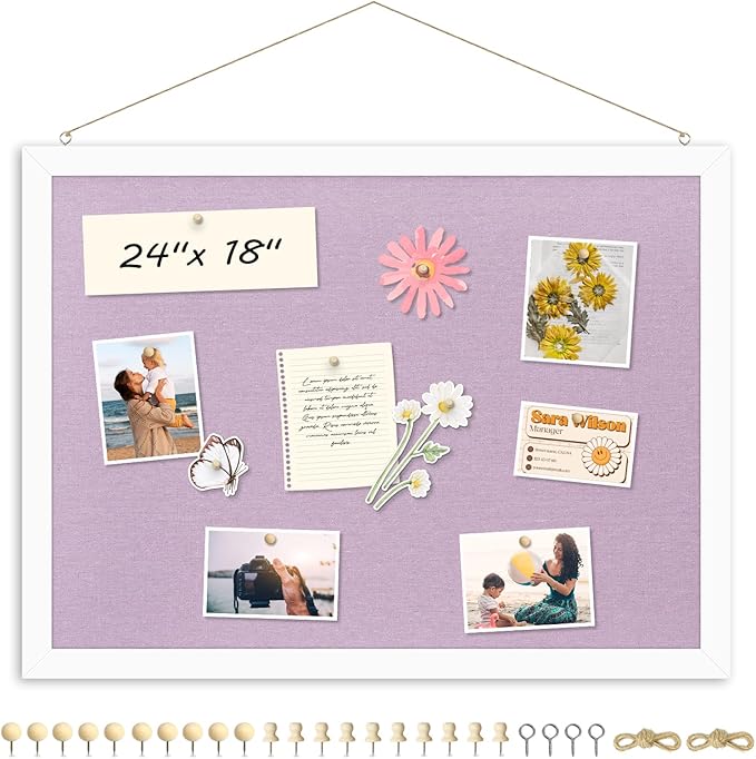 DOLLAR BOSS Bulletin Board with Linen Double-Sided 24" x 18" Linen Cork Boards for Walls Picture Display Vision Board for Office Home School Framed Picture Pin Board, 20 Pushpins 10 Clips, Purple