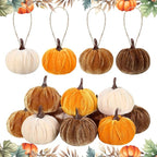 12 Pcs Velvet Pumpkins Fall Thanksgiving Pumpkins Hanging Ornaments Fall Tree Decorations Orange White Brown Velvet Wrapped Pumpkin Ball Decor with Hemp Rope for Thanksgiving Party Tree Farmhouse (A)