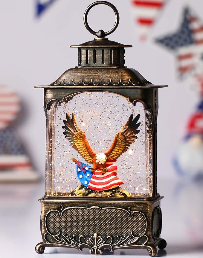 Eagle Snow Globe Lantern 4th of July Decorations Decorations Gifts Auto Snowfall Glitter Music Collection Independence Day Patriotic American Flag with 6H Timer USB/Battery Powered 10.2 inch