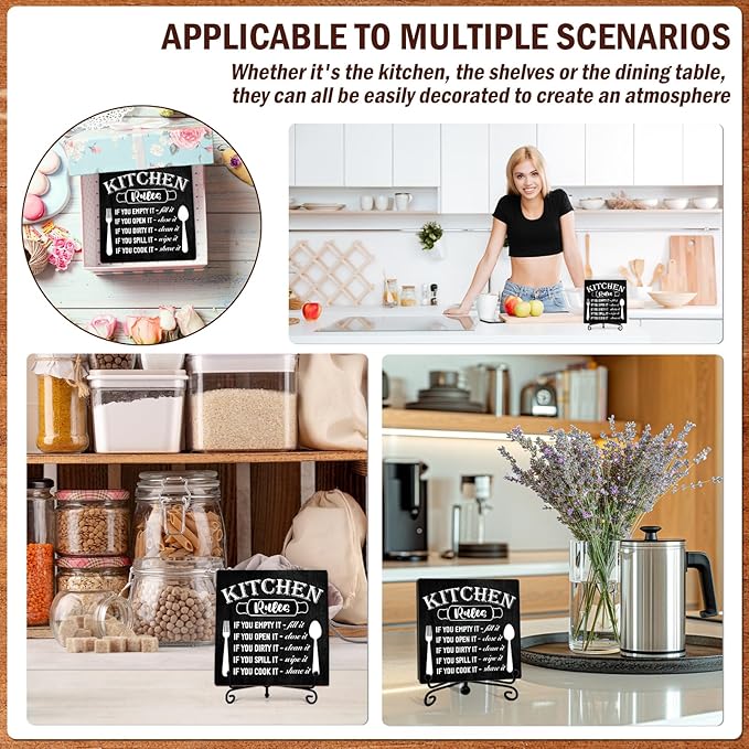 DETIHO Funny Kitchen Decor, Rustic Kitchen Decorations Wood Sign with Iron Stand, Black Wooden Box Sign for Home Dining Room - G05
