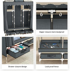 Portable Armoire Wardrobe Closet with 3 Drawers and 3 Hanging Rods,Cloth Closet Wardrobe Cabinet for Hanging Clothes,Grey Cover,for Clothing,Bedding,51 in Width