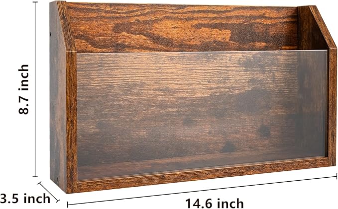 Wall Magazine Holder – Wooden Wall Mounted Magazine Rack, Clear Acrylic Panel – Magazine, Book, Home Office File Organizer – Vinyl Record Holder – Rustic Brown (2 Pack)