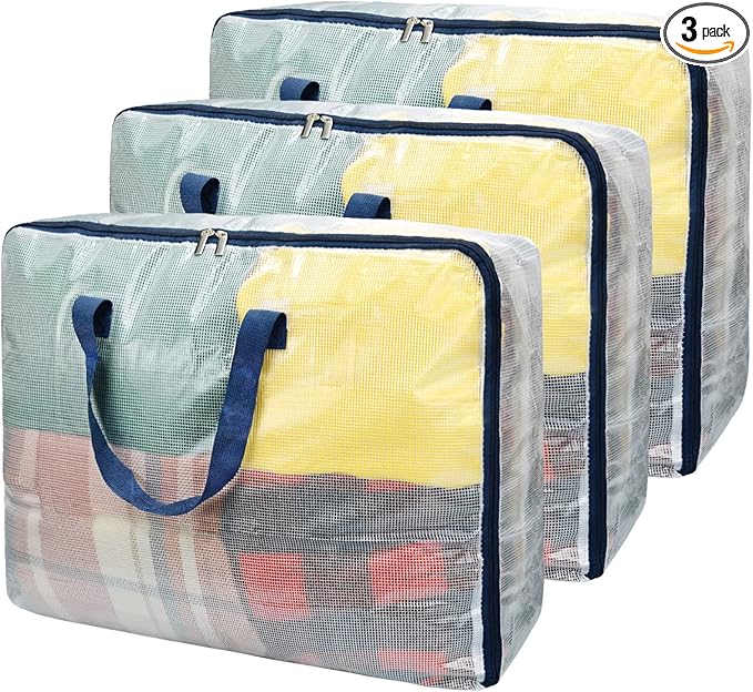 Clear Storage Bags with Zipper, 75L Extra Large Capacity - Closet, Underbed Storage Organizer for Clothes, Bedding, Comforter, Toys, Pillow & Blanket, 3 Pack