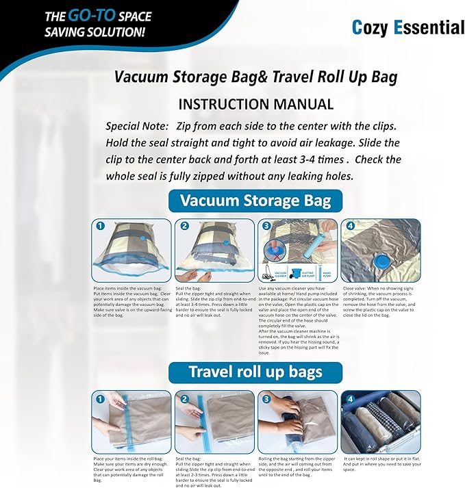 Cozy Essential Vacuum Storage Bags, Compression Space Saver Bags for Clothes, Comforters, Blankets, Pillow, Bedding, Sealer Clothing Storage,20 Combo