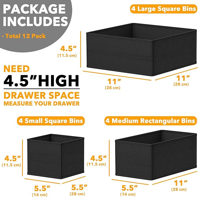 SpaceAid Drawer Organizer Clothes, 24 Pack Dresser Organizer Bins for Nursery, Closet Organization and Storage Dividers for Clothing, Baby Clothes, Underwears, Socks (Black)