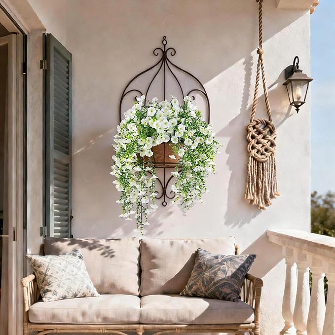 Artificial Hanging Flowers for Outdoors, 2 PCS UV Resistant Faux Silk 150 Morning Glory Each Trailing Vines, Fake Plants for Spring Outdoor Garden Planter Porch Patio Decoration, White
