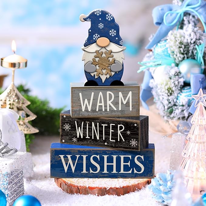 Lineshading 4 Pcs Winter Table Decorations Wooden Gnome Decor Winter Tiered Tray Decor Christmas Centerpiece Rustic Decorative Gnome Snowflake Block Sign Gift Farmhouse Xmas Signs for Home Kitchen