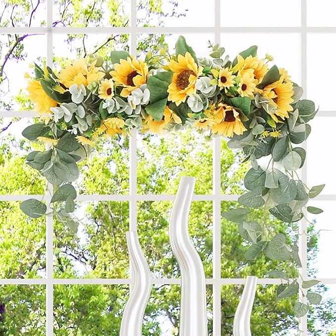 Artificial Sunflower Swag, 17.7inch Decorative Flower Swag Wedding Arch Decor, Fake Flower Wreath Sunflower Swag Garland, Green Leaves Hanging Ornament Floral Swag Door Swag for Wedding Home(Yellow)