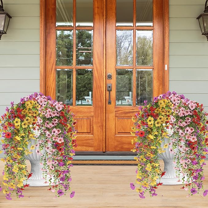 Artificial Hanging Flowers for Outdoors, 8 Pcs Fake Plant for Spring Summer Decoration, UV Resistant Realistic Silk Faux Flowers Outside Indoor Planter Porch Patio Balcony Yard Decor