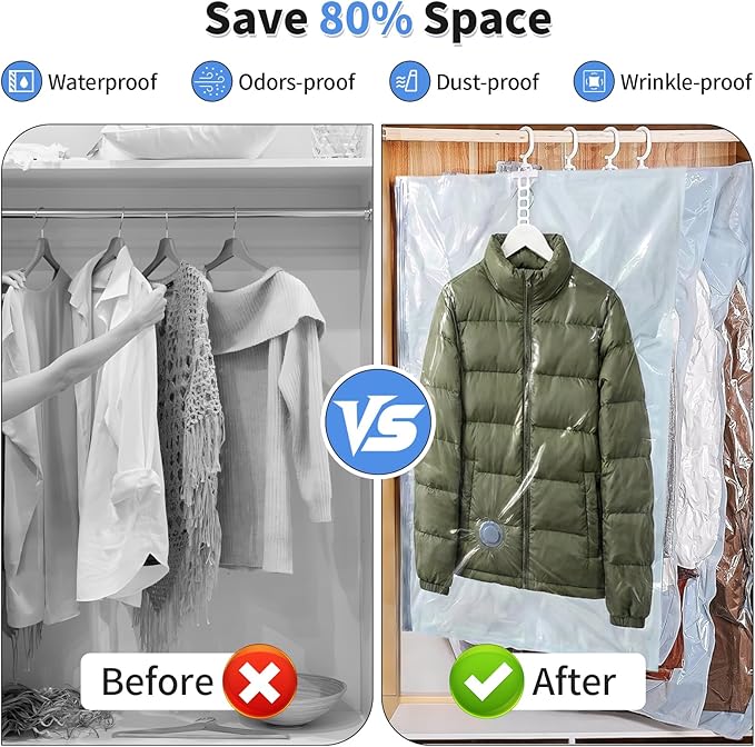 4 Pack Hanging Vacuum Storage Bags with Electric Pump (2 Long 2 Short), Vacuum Seal Space Saver for Suits, Jackets, Coats, Closet Organization (4)