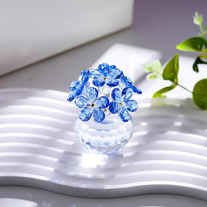 Qianwei Blue Crystal Flowers Figurine - Forget Me Not Gifts Sympathy Glass Flowers Collectible Figurines Decor Paperweight Ornament Home Office Table Desk Decorations