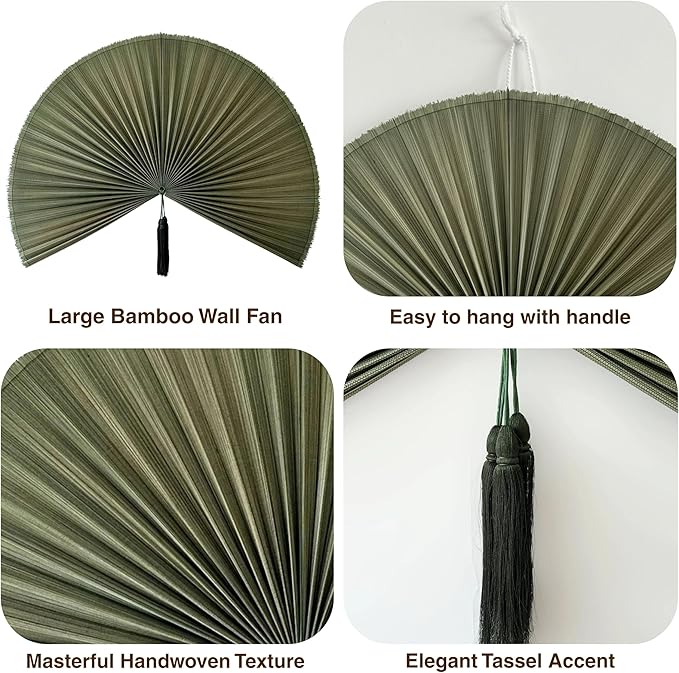 Chicvillage Fan Wall Decor 60", Fan Decor for Bedroom, Wall Fan Decor Large Bamboo Handwoven Art, Decorative Fans for Wall, Boho Headboard Hanging (Green)