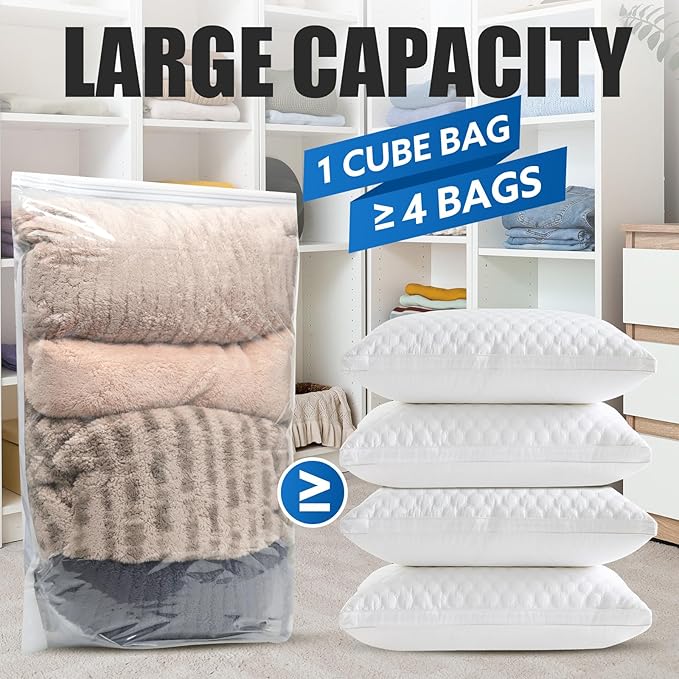 4 Pack Combo Thickened Cube Vacuum Seal Storage Bags, Space Saver Compression Storage Bags for Clothing Comforters Pillows Blankets, No Pump Needed