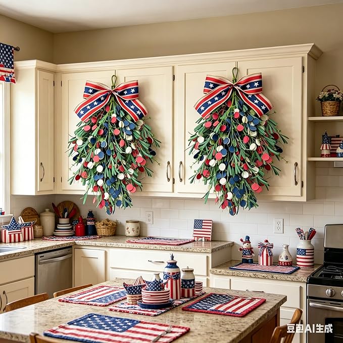 2 Pack 20'' Patriotic Swag Wreaths for Cabinets Artificial 4th of July Teardrop Wreath with Red White Blue Circular and Green Leaves for Independence Day Memorial Day Front Door Porch Window Wall