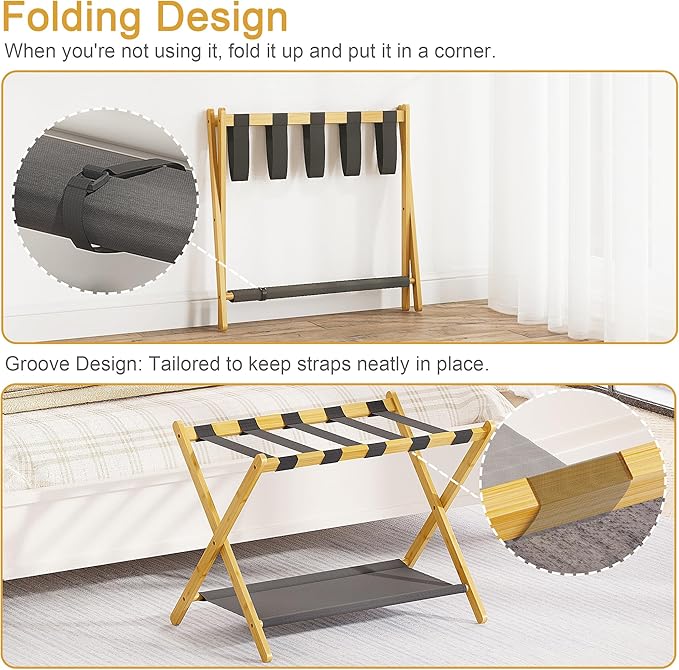 Bamboo Luggage Rack for Guest Room, 26.77" Folding Wide Suitcase Stand with Fabric Storage Shelf, Thickened Luggage Stand Holder for Bedroom Hotel, Luggage Rack for Suitcases (1 Pack - Natural)