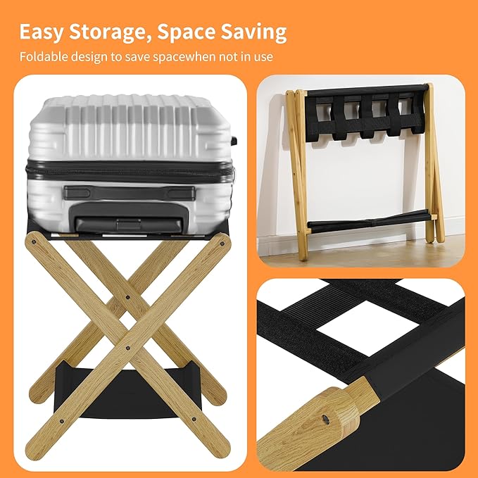 Heybly Luggage Rack, Folding Suitcase Stand with Storage Shelf, Heavy-Duty Luggage Holder for Guest Room Bedroom Hotel, Holds up to 165 lb, Natural, HLR010N1