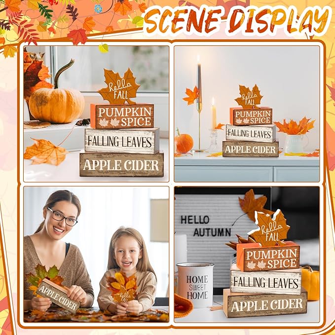Moucuny 4 Pcs Fall Decor Wooden Maple Leaf Decoration Thanksgiving Tiered Tray Decor Rustic Wooden Maple Leaf Block Sign Thanksgiving Table Centerpiece Farmhouse for Autumn Harvest Party Home Kitchen