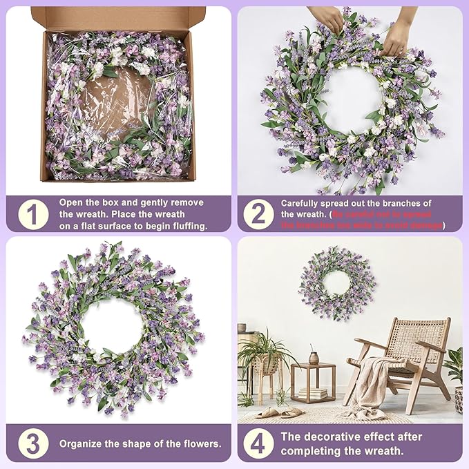 Artgar Front Door Wreath 24 Inch Spring/Summer Wreaths for Front Door, Front Door Wreaths for All Seasons for Indoor Outdoor Home Office Wall Window Wedding Farmhouse Decor (Purple)
