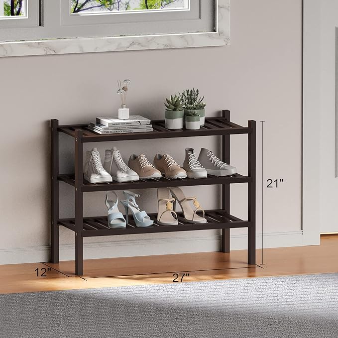 3 Tier (Thick) Bamboo Shoe Rack for Closet Free Standing Wood Shoe Shelf for Entryway Small Space Stackable 27"x12"x21" (Black Brown)