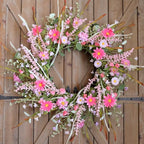 TEMPUS 24 Inch Artificial Spring and Summer for Front Door Wreath Pink Daisy and Lavender Wreath Garden Party Home Wall Wedding Decor