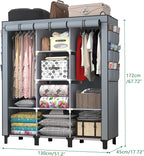 Portable Wardrobe with 10 Storage Racks and 2 Hanging Poles, 6 Side Pockets Non-Woven Cover, Size 130 x 45 x 172 cm, Bedroom Closet Organizer (Gray)