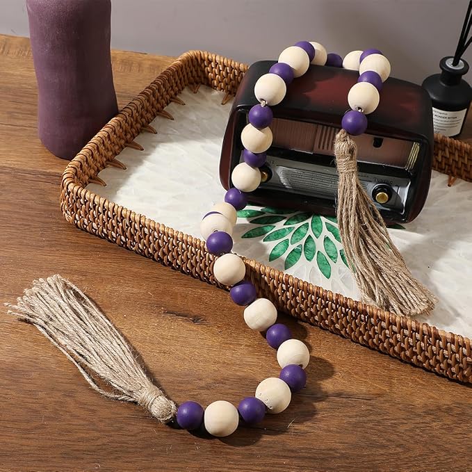 Handcrafted Farmhouse Wooden Decorative Beads Garland - Boho Natural Wood Beads with Tassel for Table Tray Mantel Shelves Decor, Rustic Vintage Garland Beaded Decor for Home & Event (32 Inches)