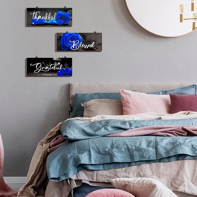 Hillban 3 Pieces Rose Wooden Wall Decor Rose Bathroom Decor Thankful Grateful Blessed Accessories Inspirational Wall Art Signs for Living Room Kitchen Wedding(16 x 6 Inch,Blue)