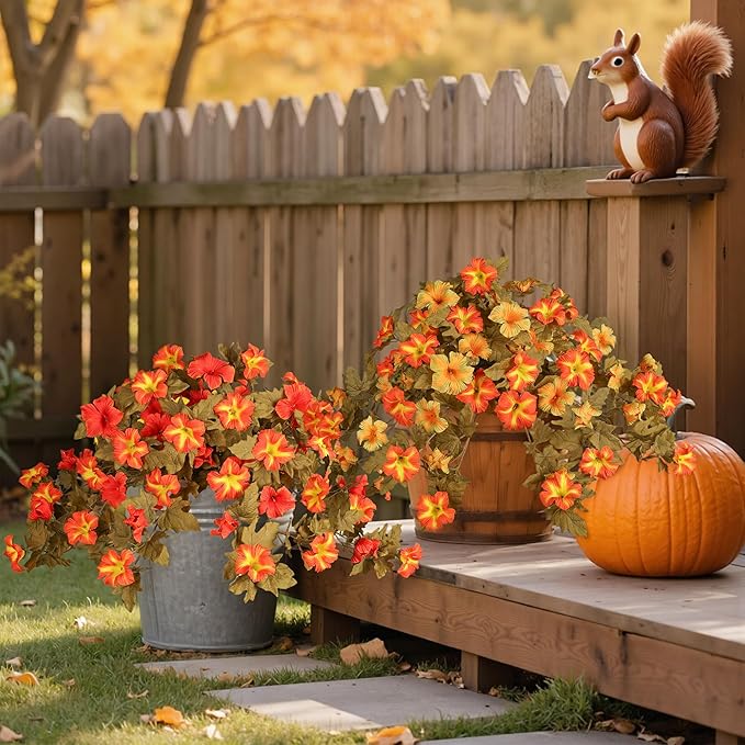 HyeFlora Artificial Fall Flowers for Outdoors Decoration 2PCS Autumn Faux Morning Glory Look Real Silk Flowers for Outside Planter UV Resistant Fake Flowers for Home Garden Balcony Yard Porch Deco