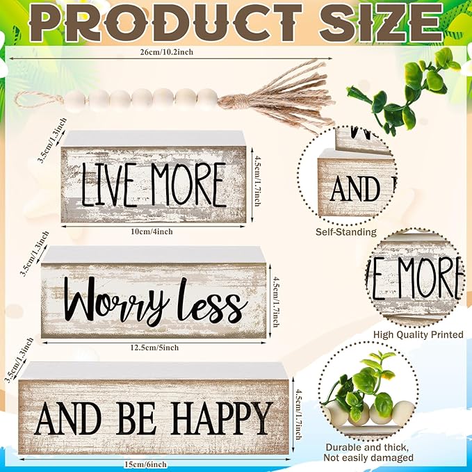 Moucuny 4 Pcs Inspirational Farmhouse Table Decor Rustic Stacked Wooden Block Sign - Live More Worry Less Be Happy Centerpieces Set with Beaded Tassel and Artificial Plant for Home, Office, Shelf Gift