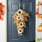 Glitzhome Fall Teardrop Swags for Front Door, 28''H Autumn Swag with Neutral Sunflower, Pumpkin and Leaf, Fall Swags for Front Door, Thanksgiving Harvest Festivals Decor