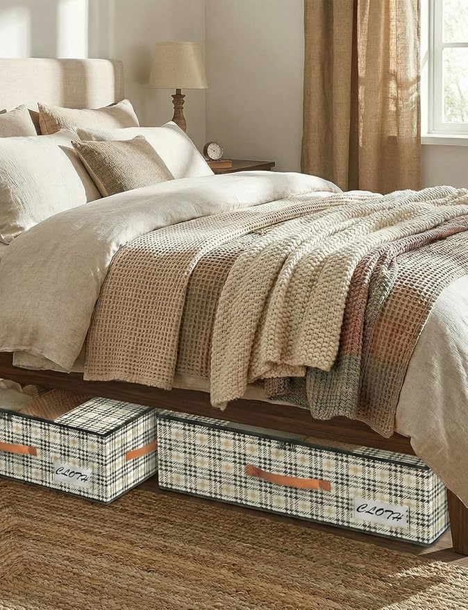 2-Pack Under Bed Storage Bins with Wheels and 4 Vacuum Seal Bags, Heavy Duty 80lbs Capacity,7.9" Height Clear Lid Organizer for Dorm Bedroom Clothes Shoes Toys,Quick Assembly Space Saver Houndstooth
