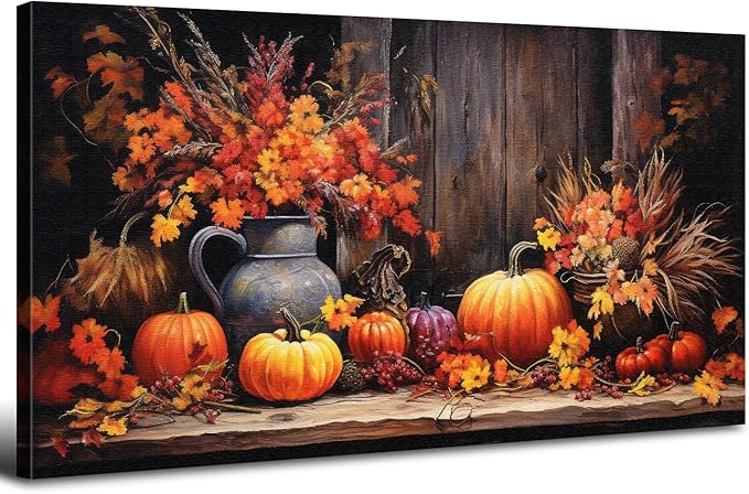 AIYISU Rustic Pumpkin Canvas Wall Art Farmhouse Dining Room Pictures Kitchen Wall Decor Autumn Flowers Canvas Prints Fall Harvest Theme Posters Halloween Painting Artwork Home Decorations 24x48