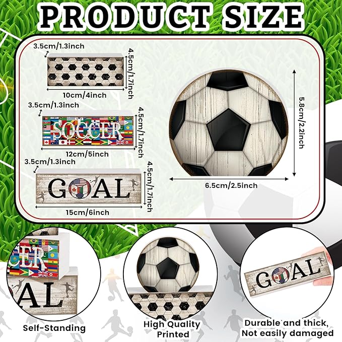 Moucuny 4 Pcs Soccer Table Decor Wooden Sport Tiered Tray Decor National Flags Table Centerpiece Decorative Classic Soccer Block Signs Gift Farmhouse Sports Decoration for Home Kitchen Shelf