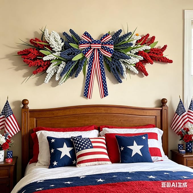 21'' 4th of July Large Swag Wreath for Front Door Red White and Blue Wheat Sheaf Artificial Independence Day Teardrop Swag for Farmhouse Kitchen Cabinet Porch Wall Window Memorial Day Arch Decoration