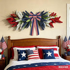 21'' 4th of July Large Swag Wreath for Front Door Red White and Blue Wheat Sheaf Artificial Independence Day Teardrop Swag for Farmhouse Kitchen Cabinet Porch Wall Window Memorial Day Arch Decoration