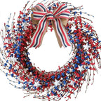 Idyllic 18 Inch Patriotic red White Blue Berries Leaves Wreath for Front Door, Memorial Day Burlap Bow Wreath for Home Decor, Independence Day Forth of July for Indoor and Outdoor
