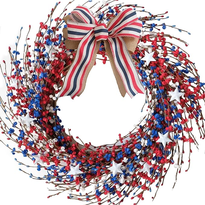 Idyllic 18 Inch Patriotic red White Blue Berries Leaves Wreath for Front Door, Memorial Day Burlap Bow Wreath for Home Decor, Independence Day Forth of July for Indoor and Outdoor