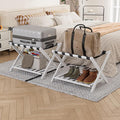 2 Packs Fully Assembled Luggage Racks with Shoe Shelf, Suitcase Stand with Fold & Lock System, Bamboo Luggage Stand Ideal for Guest Room, Bedroom, Hotel, White