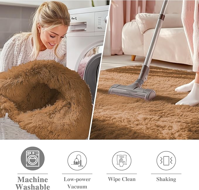 OLANLY Khaki Round Rugs for Bedroom - Machine Washable, 9 ft Circle Area Rugs for Living Room, Soft and Fluffy Shaggy Carpet for Teen Girl and Boys, Nursery Rooms, Dorms, Home Decor Aesthetic