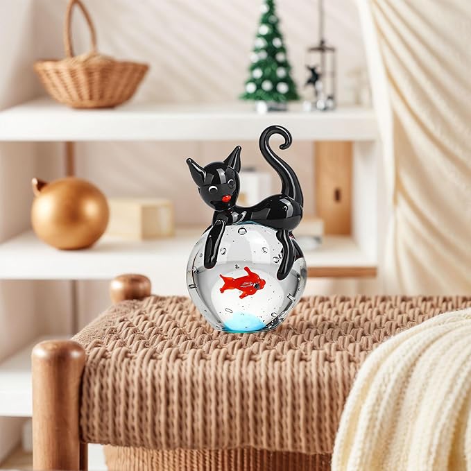 QFkris Blown Glass Black Cat Figurine, 1.6“ Mini Glass Animals Sculpture, Cat and Fish Art Collectible Figurines for Home Decor, Gift for Mom Cat-Lover Birthday
