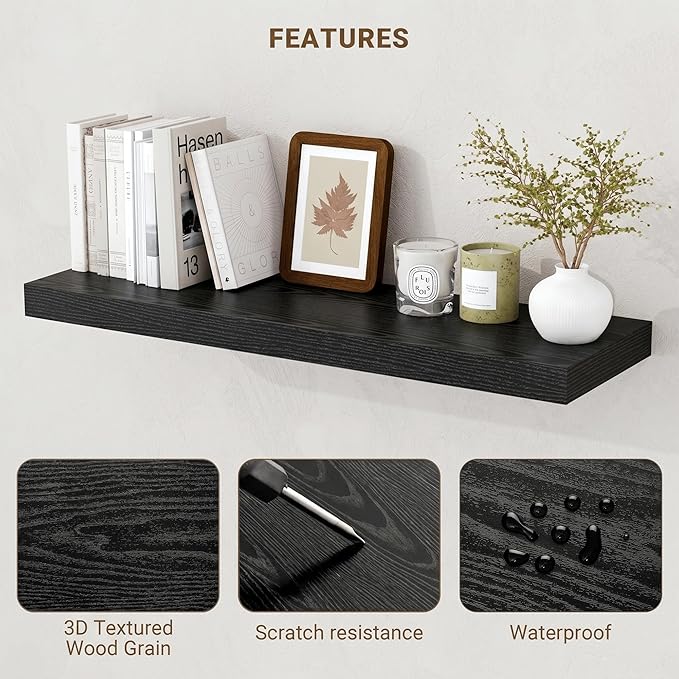 Acovy 48 Inch Floating Shelves, 48"x9.25"x1.5" Inch Deep Floating Shelves for Wall, Wooden Shelves for Bathroom, Bedroom, Living Room, Black, 1 Piece