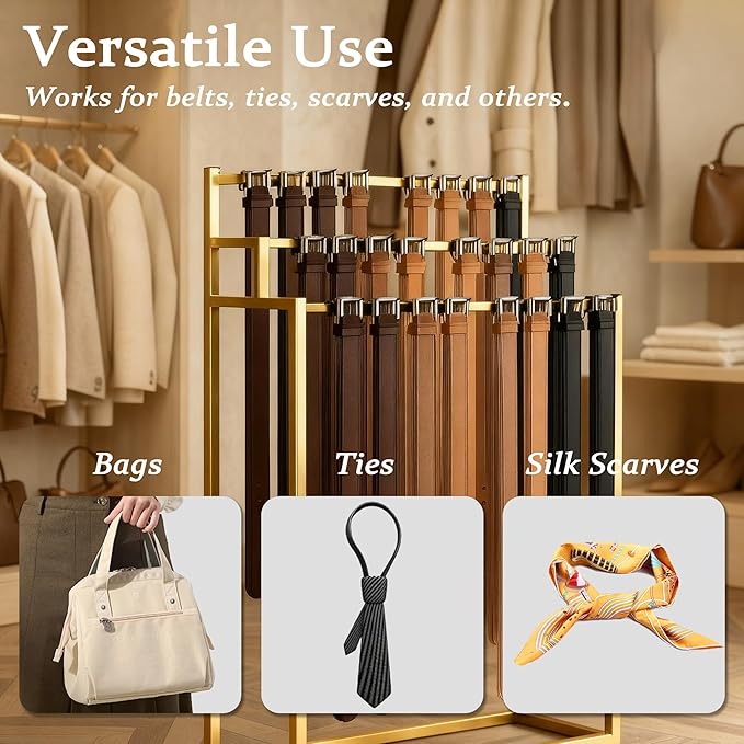 Retail Belt Display Stand,Floor Mounted Belt Hanger, Metal Men Belt Organizer,Commercial Tie Scarf Purse Display for Clothing Retail and Home (Gold)