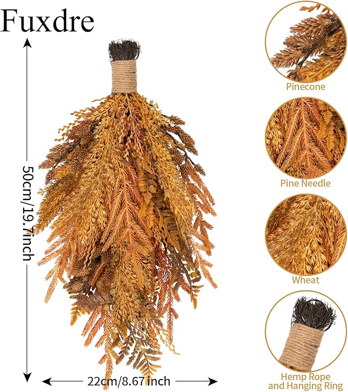 Decorative Teardrop Swag for Front Door, Artificial Wall Swags with Wheat & Pine Cones & Pine Needle for Home Porch Wall Window Halloween Christmas Indoor Outdoor Decor