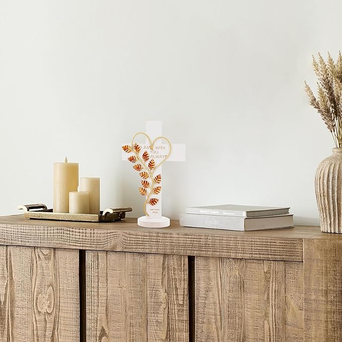 Wooden Wall Cross with Iron Heart Leaf Decorated with Hook and Base Hanging Wall Or Table Cross with Matthew 28:20 For Church Home Room Decoration (White)
