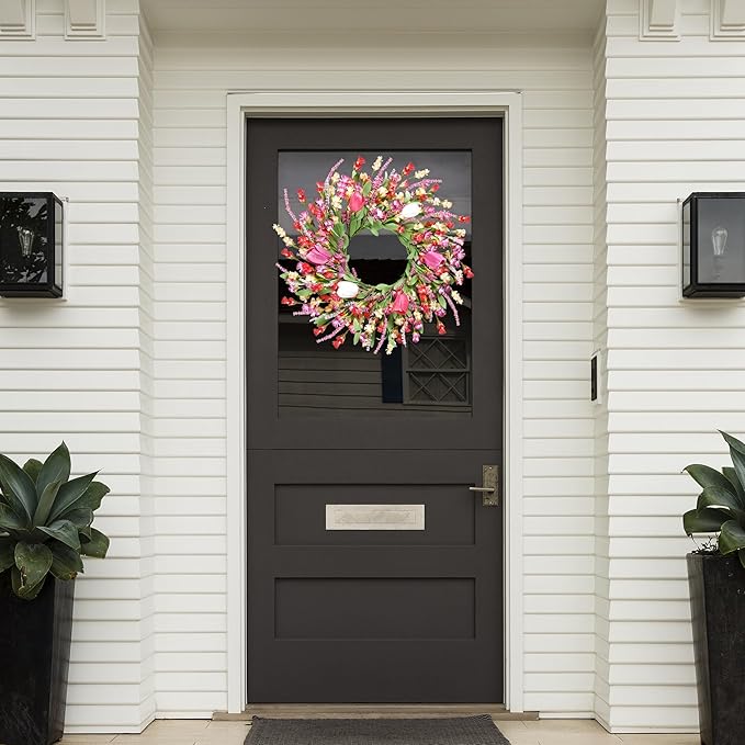 Sggvecsy Spring Summer Wreath for Front Door 22 Inch Artificial Colorful Flower Wreath with Colorful Tulips Greenery Leaves Lavender for All Seasons Home Farmhouse Indoor Outdoor Wall Decor (Mixed)