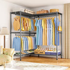 E15 Pro Garment Rack L Shaped Clothes Rack for Corner，Freestanding Clothing Racks for Hanging Clothes，Heavy Duty Closet System with 4 Hanging Rods & 8 S Hooks，48.8"W x 15.8"D x 78.4"H，Grey