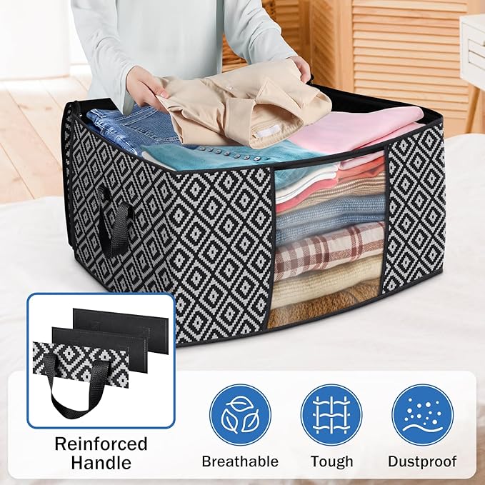 Direct 100L, 3 Pack, Storage Containers, Large Clothes Storage Bins Foldable Organization and Storage Bags with Reinforced Handle, Clear Window for Bedding, Blankets, Clothing, Black