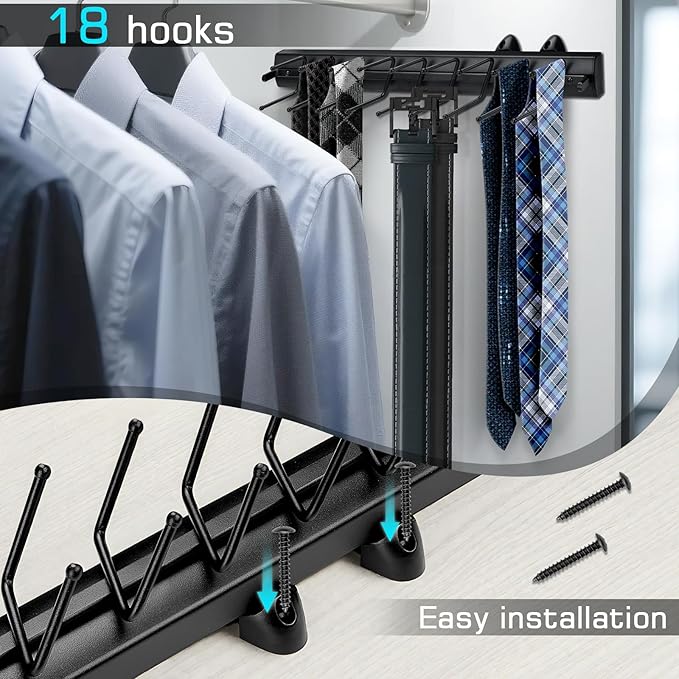 Sliding Tie Racks, 18 Tie Hanger Pull Out Belt Rack 16.5'' Aluminum Alloy Extendable Wardrobe Closet Organizer with 18 Hooks for Belts, Ties, and Scarves, 16.5'' x 3.15''(Sprayed Black)