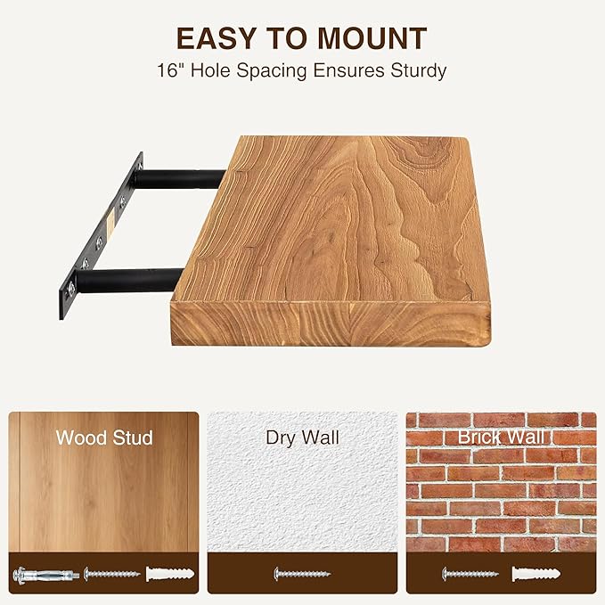 Dreamland 36" Solid Elm Wood Floating Shelves, 8" Deep Wall Shelves for Home Decor, Floating Shelf with Invisible Bracket, Heavy-Duty Display Shelf - for Living Room, Kitchen, Bathroom, Set of 2