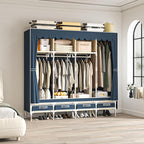 Portable Wardrobe with 4 Drawers and 3 Shelves, 67 Inch Large Capacity Freestanding Wardrobe Hanging Organizer with Lid for Bedroom, Blue